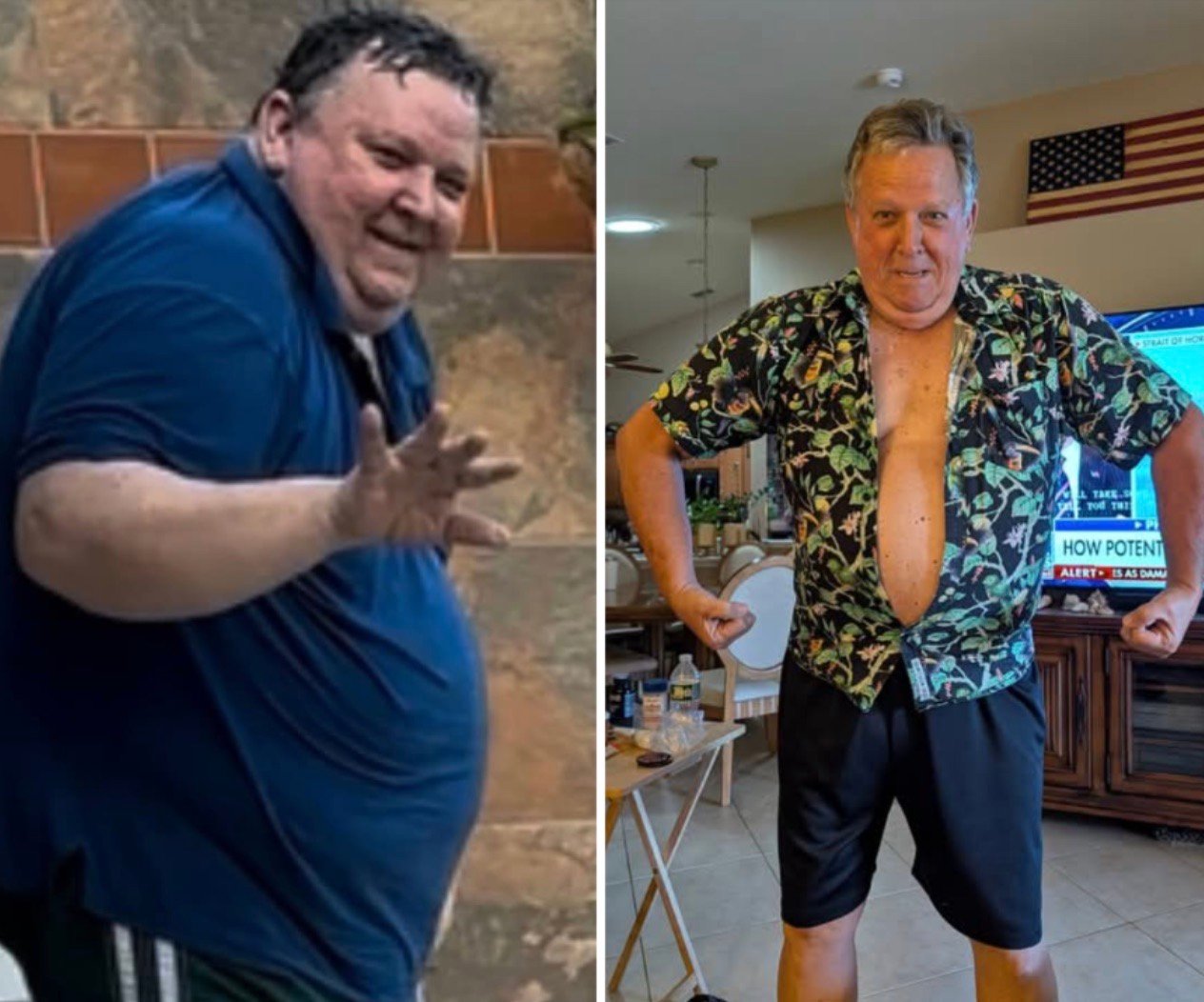 John Brasefield at 66 weighing 410 lbs, beside John today at 68 and med-free